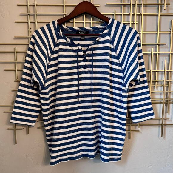 Chaps Tops - Chaps Blue White Striped Lace Up Nautical Top M